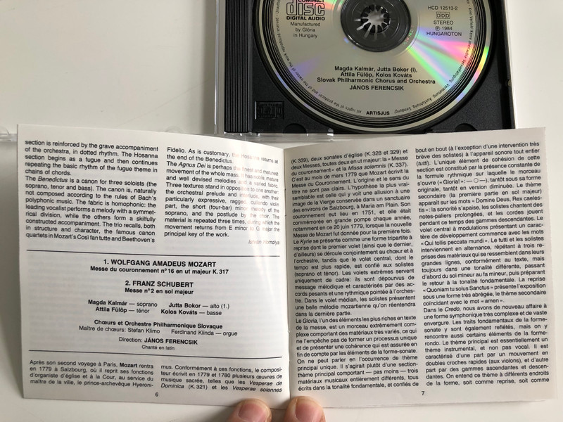 Mozart - Mass in C major 'Coronation' / Schubert - Mass In G Major / Magda Kalmar, Jutta Bokor, Attila Fulop, Kolos Kovats / Slovak Philharmonic Chorus & Orchestra / Conducted: János Ferencsik ‎/ Hungaroton Audio CD 1984 Stereo / HCD 12513-2