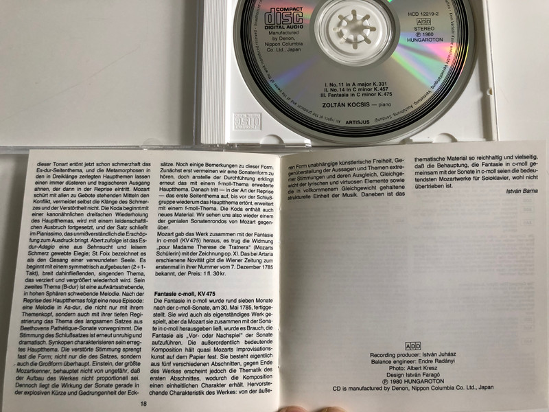 Mozart - Piano Sonatas / Zoltán Kocsis ‎/ Hungaroton Audio CD Stereo 1980 / HCD 12219-2