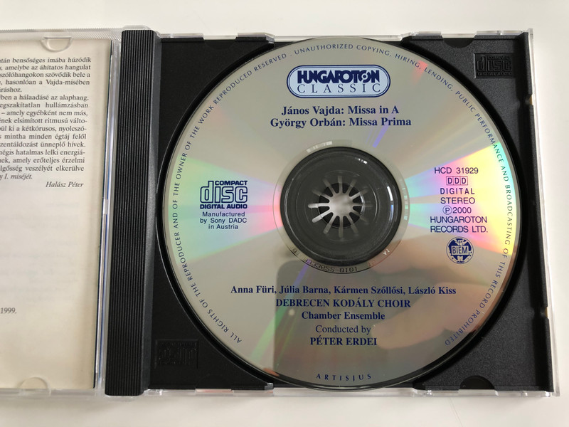 Janos Vajda - Missa In A / Gyorgy Orban - Missa Prima / Debrecen Kodaly Choir / Conducted: Peter Erdei / Hungaroton Audio CD 2000 Stereo / HCD 31929