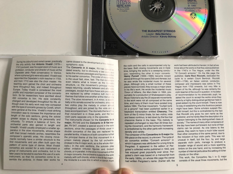 A Baroque Concert - Vivaldi, Purcell, Geminiani / The Budapest Strings / Leader: Béla Bánfalvi / Directed By: Károly Botvay / Hungaroton Audio CD 1995 Stereo / HCD 12995