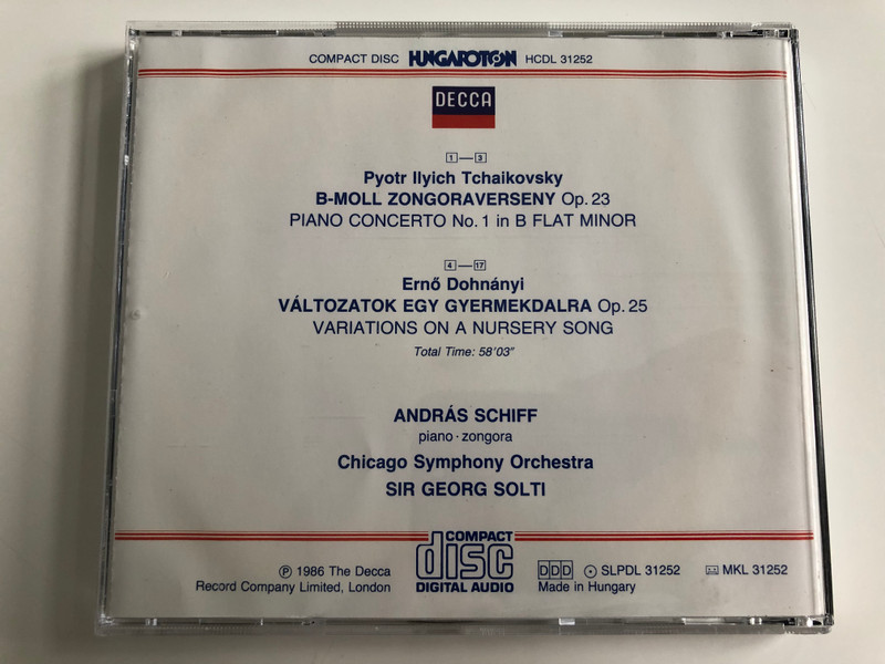 Tchaikovsky - Piano Concerto No.1, Klavierkonzert Nr.1 / Dohnányi / Variations On A Nursery Song. Op. 25 / Andras Schiff / Chicago Symphony Orchestra / Conducted: Sir Georg Solti ‎/ Hungaroton Audio CD 1986 Stereo / HCDL 31252