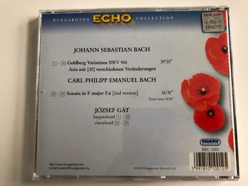 J.S. Bach - Goldberg Variations / C.P. E. Bach - Sonata In F Major / Clavichord: József Gát ‎/ Hungaroton Echo Collection Audio CD 1963 Stereo / HRC 1001