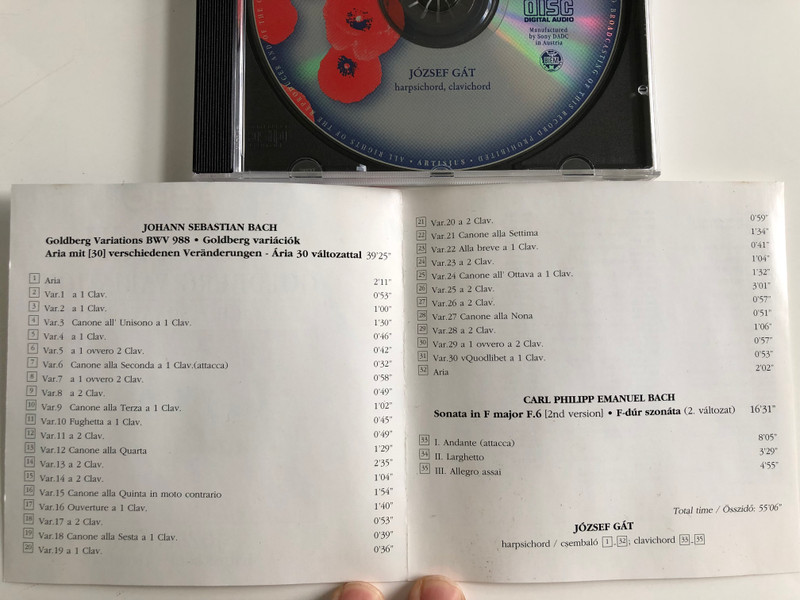 J.S. Bach - Goldberg Variations / C.P. E. Bach - Sonata In F Major / Clavichord: József Gát ‎/ Hungaroton Echo Collection Audio CD 1963 Stereo / HRC 1001