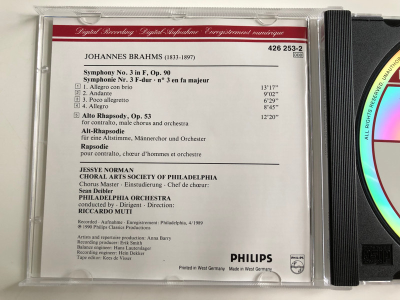 Brahms – Symphony No. 3, Alt-Rhapsody / Jessye Norman / Philadelphia Orchestra / Conducted: Riccardo Muti ‎/ Philips Audio CD 1990 / 426 253-2