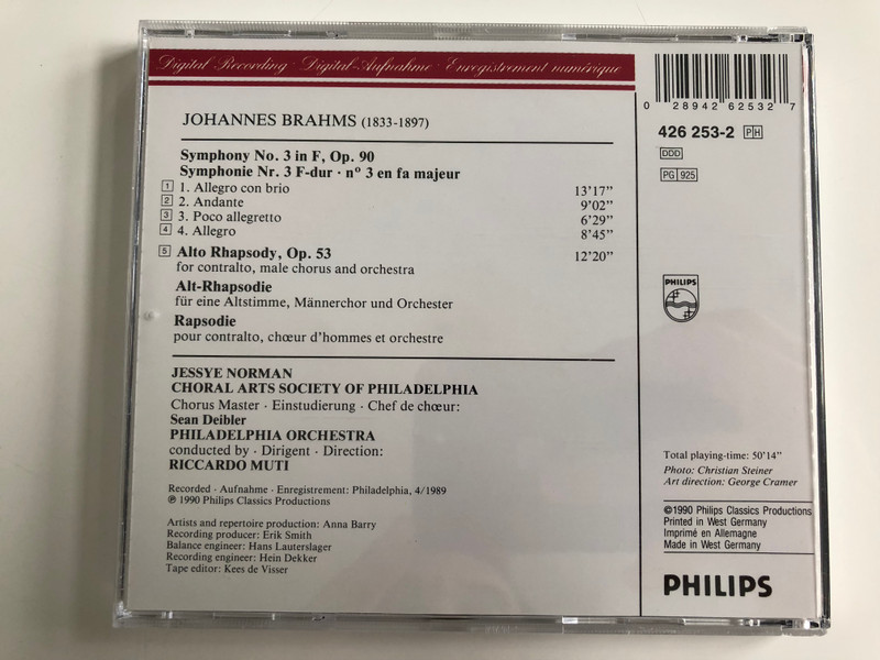 Brahms – Symphony No. 3, Alt-Rhapsody / Jessye Norman / Philadelphia Orchestra / Conducted: Riccardo Muti ‎/ Philips Audio CD 1990 / 426 253-2