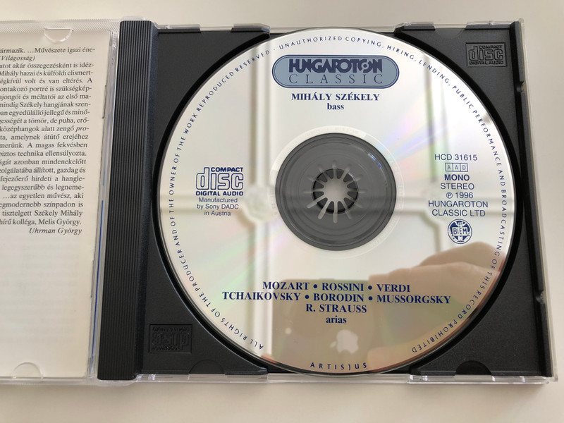 Mihály Székely, bass / Mozart, Rossini, Verdi, Tchaikovsky, Borodin, Mussorgsky, R. Strauss / Great Hungarian Voices / Hungaroton Classic Audio CD / HCD 31615 (5991813161529.)