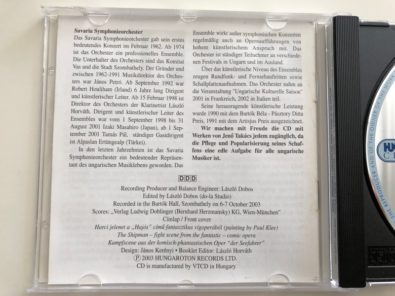 Jenő Takács - Miniatures pour Orchestre / Concerto for piano, strings and percussion op. 60 / Savaria Symphony Orchestra - Tamás Pál / Aima Maria Labra - Makk, piano / Hungaroton Classic Audio CD 2003 / HCD 32278 (5991813227829)
