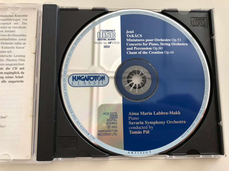 Jenő Takács - Miniatures pour Orchestre / Concerto for piano, strings and percussion op. 60 / Savaria Symphony Orchestra - Tamás Pál / Aima Maria Labra - Makk, piano / Hungaroton Classic Audio CD 2003 / HCD 32278 (5991813227829)