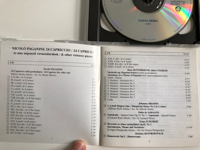 Paganini - 24 Caprices & other virtuoso pieces / Cello: Tamas Merei, piano: Peter Koczor / Hungaroton 2X Audio CD 2000 Stereo / HCD 31926-27