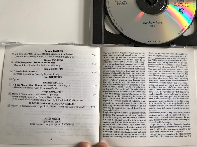 Paganini - 24 Caprices & other virtuoso pieces / Cello: Tamas Merei, piano: Peter Koczor / Hungaroton 2X Audio CD 2000 Stereo / HCD 31926-27