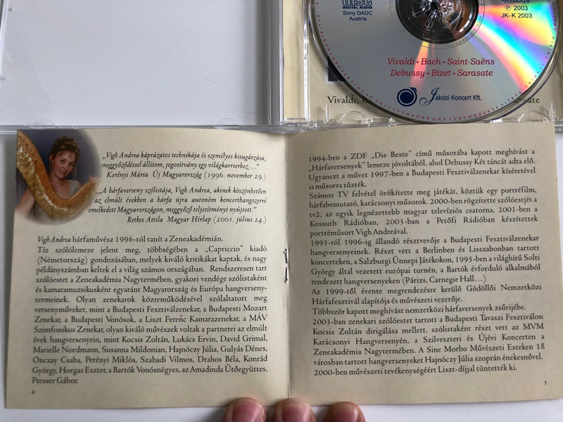 Vilmos Szabadi (Violin) & Andrea Vigh (Harp) / Vivaldi, Bach, Saint-Saens, Debussy, Bizet, Sarasate / Jakobi Koncert Kft. Audio CD 2003 / JK-K 2003
