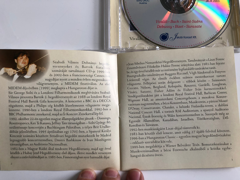 Vilmos Szabadi (Violin) & Andrea Vigh (Harp) / Vivaldi, Bach, Saint-Saens, Debussy, Bizet, Sarasate / Jakobi Koncert Kft. Audio CD 2003 / JK-K 2003