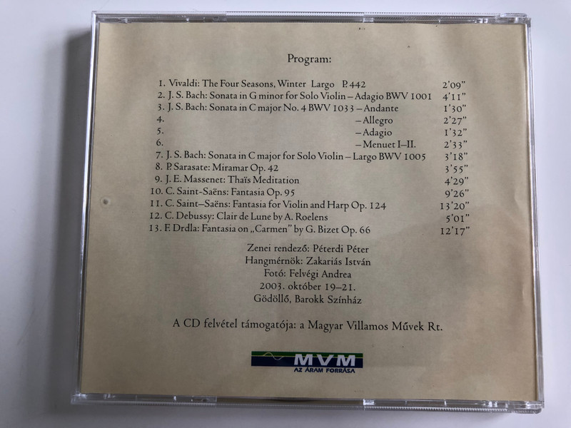 Vilmos Szabadi (Violin) & Andrea Vigh (Harp) / Vivaldi, Bach, Saint-Saens, Debussy, Bizet, Sarasate / Jakobi Koncert Kft. Audio CD 2003 / JK-K 2003