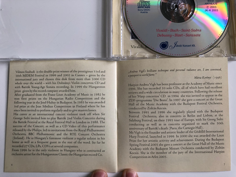 Vilmos Szabadi (Violin) & Andrea Vigh (Harp) / Vivaldi, Bach, Saint-Saens, Debussy, Bizet, Sarasate / Jakobi Koncert Kft. Audio CD 2003 / JK-K 2003