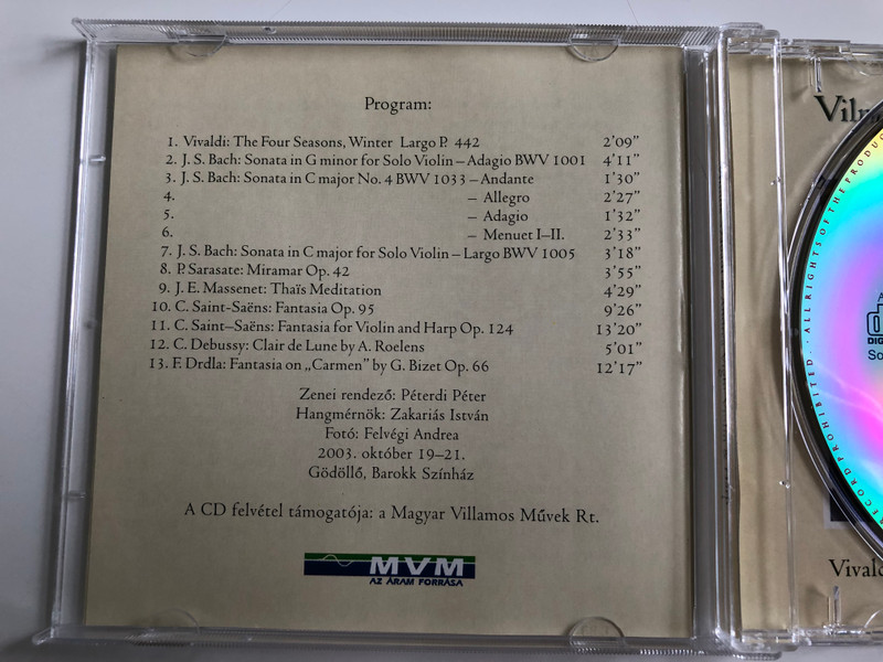 Vilmos Szabadi (Violin) & Andrea Vigh (Harp) / Vivaldi, Bach, Saint-Saens, Debussy, Bizet, Sarasate / Jakobi Koncert Kft. Audio CD 2003 / JK-K 2003