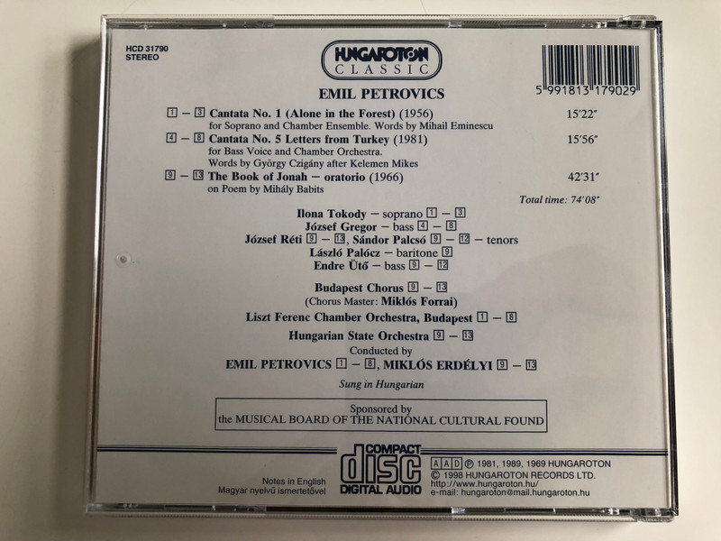 Petrovics - Cantata No 1 - Alone in the Forest / Cantata No 5 - Letters from Turkey / The book of Jonah / Oratorio / Hungaroton Audio CD 1981 Stereo / HCD 31790