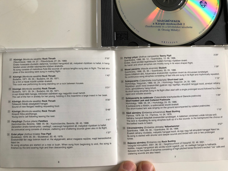 Bird Songs from the Carpathian Basin 2 / Madarenekek A Karpat-Medencebol 2 / Hungaroton Audio CD 2001 Stereo / HCD 19453