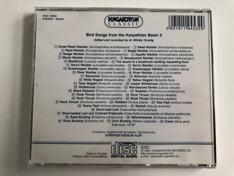 Bird Songs from the Carpathian Basin 2 / Madarenekek A Karpat-Medencebol 2 / Hungaroton Audio CD 2001 Stereo / HCD 19453