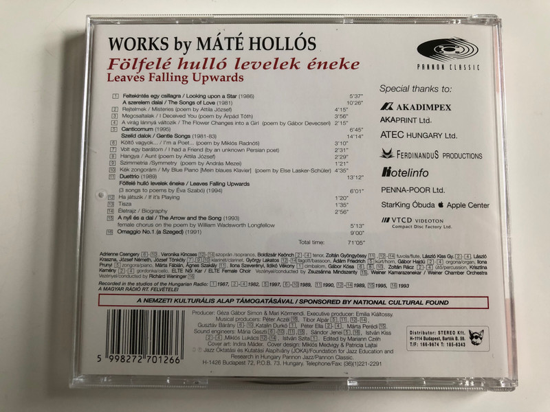 Works By Mate Hollos / Folfele hullo levelek eneke / Leaves Falling Upwards / Pannon Classic Audio CD 1997 / PCL 8006