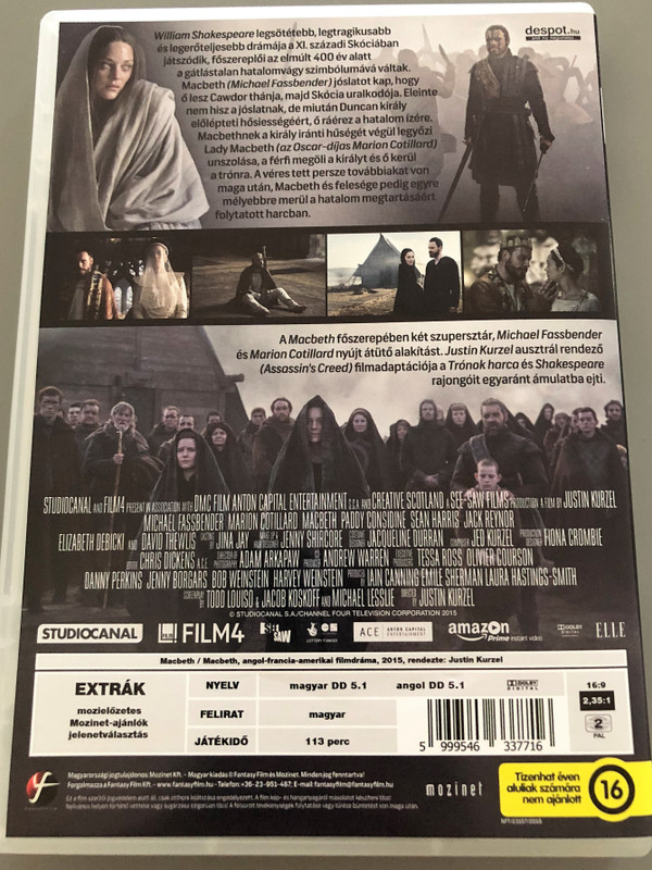 Macbeth DVD 2015 / Directed by Justin Kurzel / Starring: Michael Fassbender Marion Cotillard / Based on drama by W. Shakespeare (5999546337716)