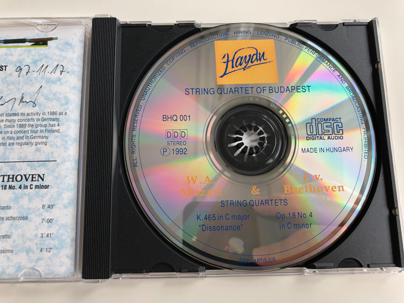 Haydn String Quartet Of Budapest ‎/ Mozart & Beethoven String Quartets - K. 465 in C major ''Dissonance'', Op. 18 No.4 in C minor / Audio CD 1992 / BHQ 001