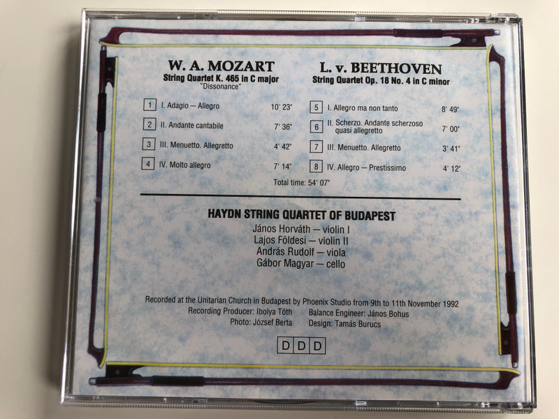 Haydn String Quartet Of Budapest ‎/ Mozart & Beethoven String Quartets - K. 465 in C major ''Dissonance'', Op. 18 No.4 in C minor / Audio CD 1992 / BHQ 001