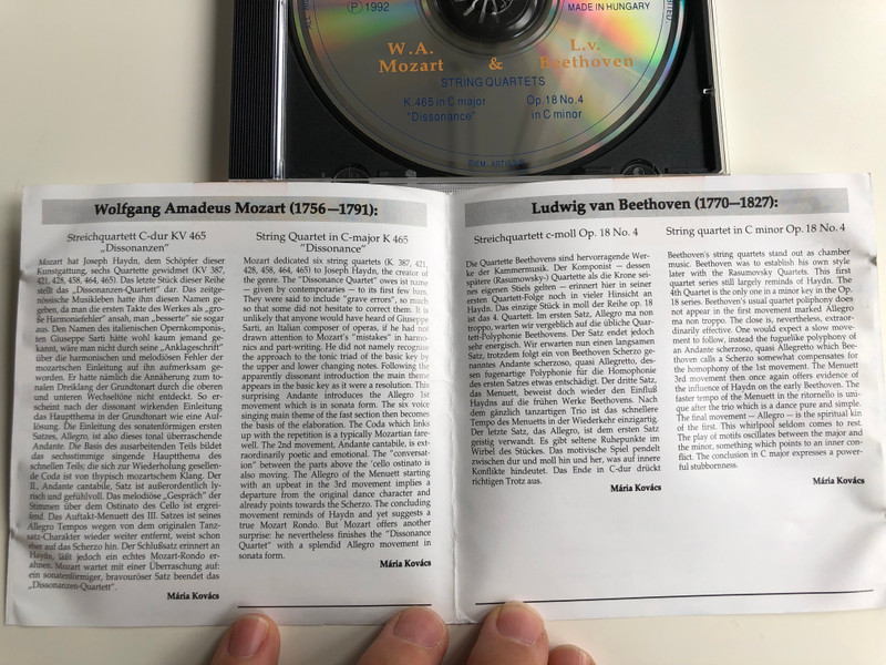 Haydn String Quartet Of Budapest ‎/ Mozart & Beethoven String Quartets - K. 465 in C major ''Dissonance'', Op. 18 No.4 in C minor / Audio CD 1992 / BHQ 001