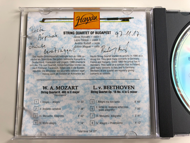 Haydn String Quartet Of Budapest ‎/ Mozart & Beethoven String Quartets - K. 465 in C major ''Dissonance'', Op. 18 No.4 in C minor / Audio CD 1992 / BHQ 001
