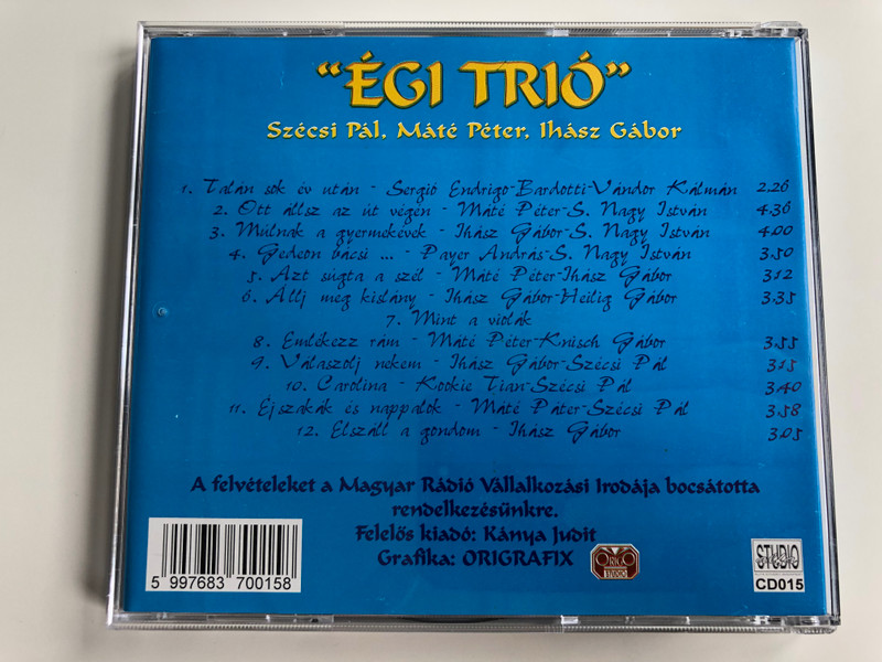 ''Égi Trió'' - In Memoriam / Szécsi Pál, Máté Péter, Ihász Gábor ‎/ Ott állsz Az út Végén, Gedeon Bácsi, Múlnak A gyermek évek / S. Nagy Istvan-nak a ''Trio'' mindenkori part fogoj anak es a dalszovegirok ''atyjanak'' aj anlva / Alfa Studio Audio CD 1996 / CD015