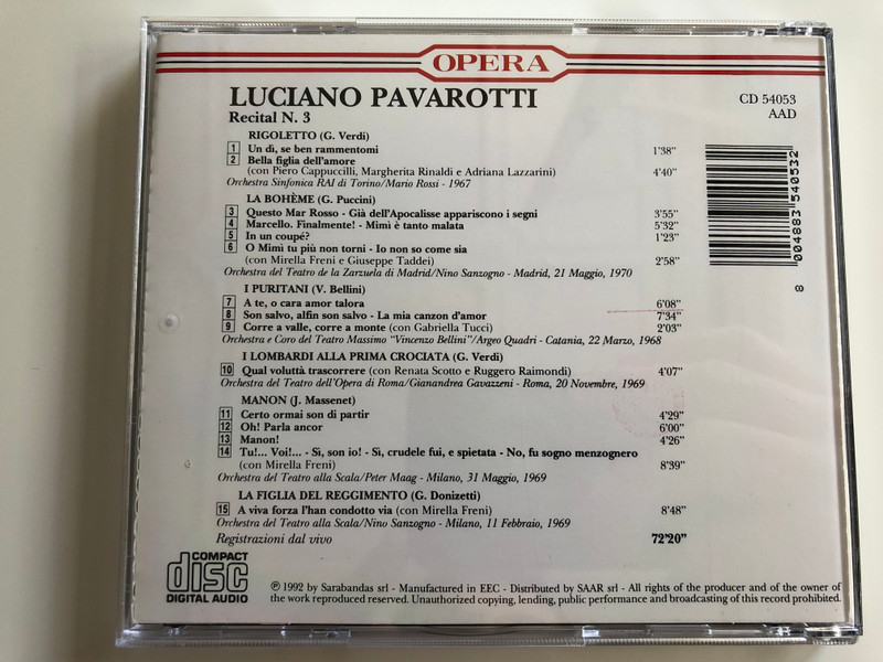 Luciano Pavarotti - recital n.3 / Opera Audio CD 1991 / CD 54053