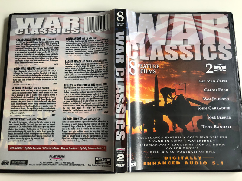  War Classics DVD 2003 / 8 Feature films / Casablanca Express, Cold War Killers, A yank in Libya, Waterfront, Commandos, Eagles Attack at dawn, Go for Broke! Hitler's SS: Portrait of Evil / 2 DVD (096009252298)