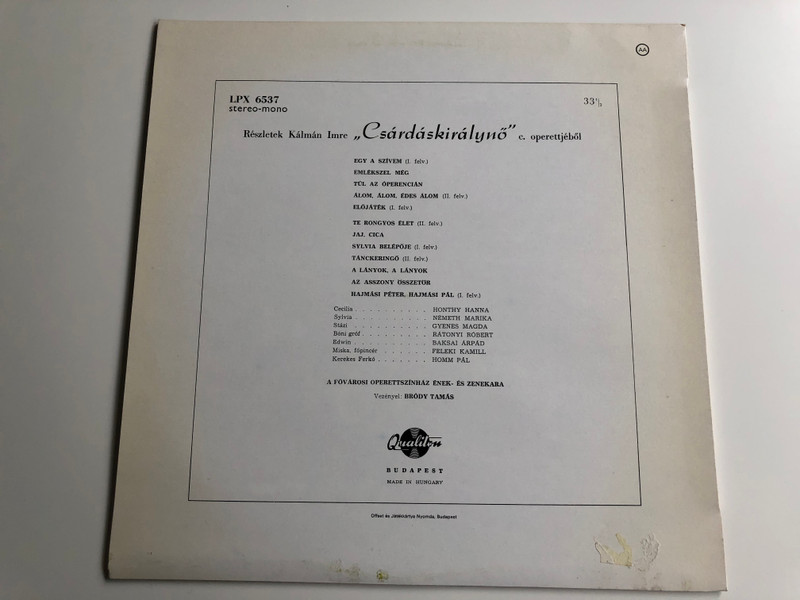 Kálmán ‎– Csárdáskirálynő (Részletek) = Die Tschardasfürstin (Fragmente) / Qualiton LP Stereo-Mono / LPX 6537