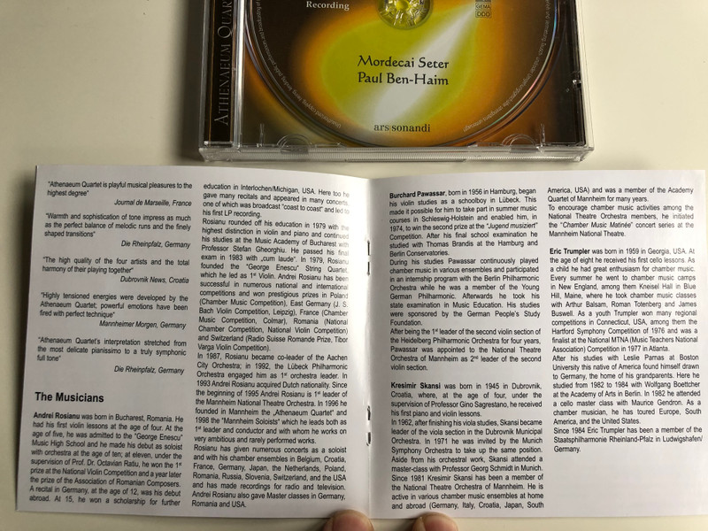 Mordecai Seter - String Quartet Nr.4 / Paul Ben-Haim - String Quartet / Athenaeum Quartett Mannheim / Ars Sonadi Audio CD 2006