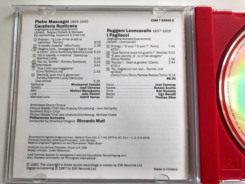 Mascagni - Cavalleria Rusticana Leoncavallo I Pagliacci Highlights / Carreras Caballé, Scotto / Ambrosian Opera Chorus / Philharmonia Orchestra, Muti / EMI Classics Audio CD 1987 / CDM 7 63933 2