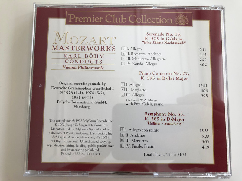 Mozart - Masterworks / Limited Edition Vol.3 / Conducted: Karl Bohm / Vienna Philharmonic / Premier Club Collection Audio CD 1992 / PCC 003