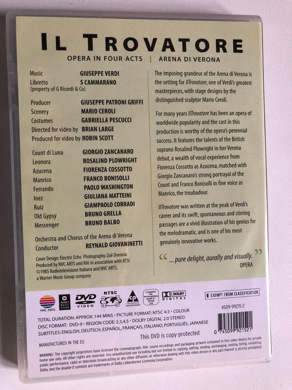 Giuseppe Verdi - Il Trovatore DVD / Arena di Verona / Giorgio Zancanaro, Rosalind Plowright, Fiorenza Cossotto, Franco Bonisolli / Orchestra & Chorus Arena di Verona / Conducted by Reynald Giovaninetti / NVC Arts (0745099921521)