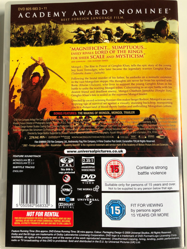 Mongol - The Rise to Power of Genghis Khan DVD 2007 Монгол / Directed by Sergei Bodrov / Starring: Tadanobu Asano, Sun Honglei, Chuluuny Khulan, Amadu Mamadakov (5050582568332)