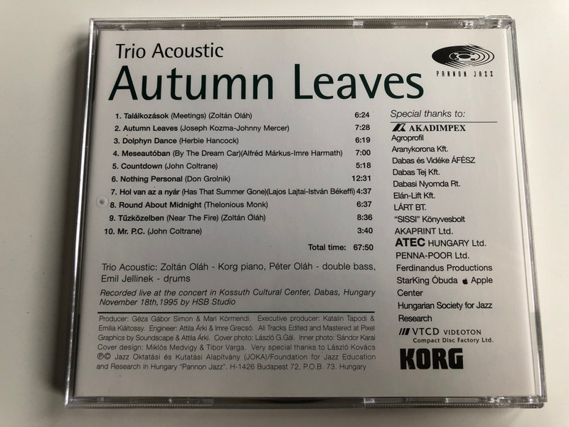 Trio Acoustic ‎– Autumn Leaves / Live in Dabas / Pannon Jazz ‎Audio CD 1995 / PJJ 1011