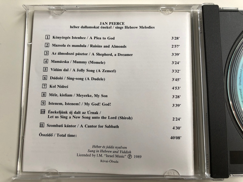 Jan Peerce Sings Hebrew Melodies / Kol Nidrei, Eili Eili, A Plea to God, A Cantor for a Sabbath, A Dudele, Mom-e-le, A Shepherd a Dreamer, Meyerke Mein Zun, A Zemerl, Shiroh, Rozhinkes mit Mandlen / Heber Dallamok / Hungaroton Audio CD 1989 Stereo / HCDL 31438