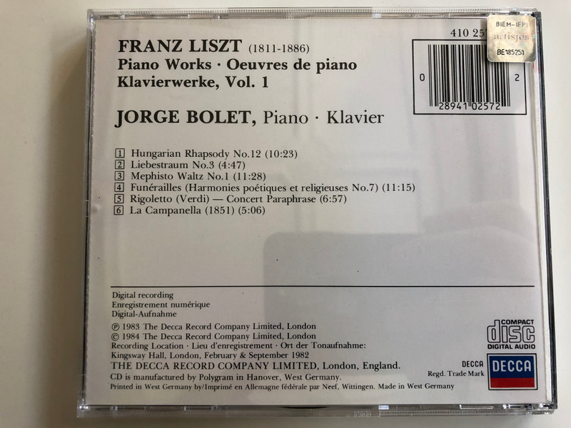 Liszt, Jorge Bolet ‎– The Piano Works, Die Klavierwerke / Liebestraum No. 3, Mephisto Waltz No. 1, Rigoletto Paraphrase, Hungarian Rhapsody No. 12, La Campanella, Funrailles / DECCA Audio CD 1983 Stereo / 410 257-2