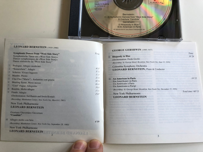 Leonard Bernstein ‎– Symphonic Dances from ''West Side Story'', ''Candide'' Overture / Gershwin - Rhapsody in Blue, An American in Paris / New York Philharmonic / The Royal Edition / Painting By: H.R.H. The Prince Of Wales / Sony Classical ‎Audio CD / SMK 47529