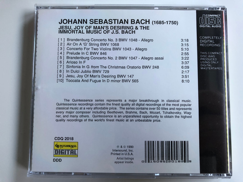 J.S. Bach ‎– Jesu, Joy Of Man's Desiring, Sleepers Wake, Chaconne, Many Others / Intersound ‎Audio CD 1990 / CDQ 2018
