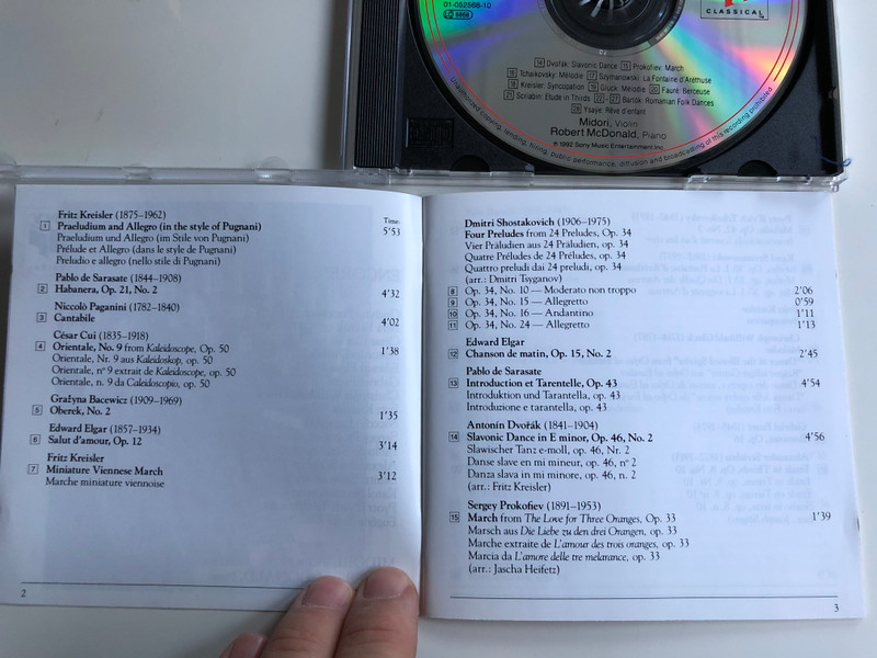 Midori - Encore! / Piano: Robert McDonald / Kreisler, Paganini, Faure, Tchaikovsky, Sarasate / Sony Classical ‎Audio CD 1992 / SK 52568