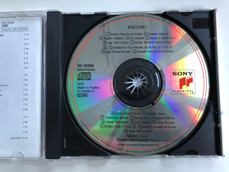 Midori - Encore! / Piano: Robert McDonald / Kreisler, Paganini, Faure, Tchaikovsky, Sarasate / Sony Classical ‎Audio CD 1992 / SK 52568