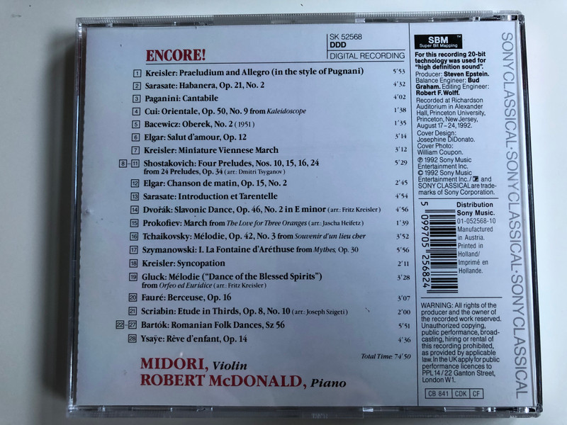 Midori - Encore! / Piano: Robert McDonald / Kreisler, Paganini, Faure, Tchaikovsky, Sarasate / Sony Classical ‎Audio CD 1992 / SK 52568
