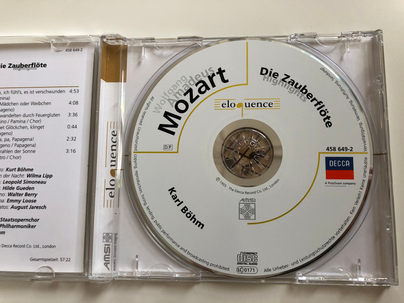 Wolfgang Amadeus Mozart ‎– Die Zauberflöte (Highlights) / Böhme, Lipp, Simoneau, Güden, Berry / Wiener Staatsopernchor, Wiener Philharmoniker, Karl Böhm / DECCA Audio CD / 458 649-2