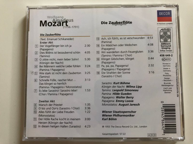 Wolfgang Amadeus Mozart ‎– Die Zauberflöte (Highlights) / Böhme, Lipp, Simoneau, Güden, Berry / Wiener Staatsopernchor, Wiener Philharmoniker, Karl Böhm / DECCA Audio CD / 458 649-2
