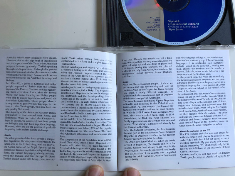 Folk Tunes From the Two Sides of the Caucasus / Nepdalok a Kaukazus ket oldalarol / Collected And Edited By Janos Sipos / Hungaroton Classic Audio CD 2003 Mono Stereo / HCD 18253
