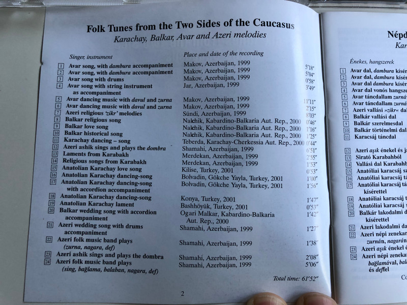 Folk Tunes From the Two Sides of the Caucasus / Nepdalok a Kaukazus ket oldalarol / Collected And Edited By Janos Sipos / Hungaroton Classic Audio CD 2003 Mono Stereo / HCD 18253