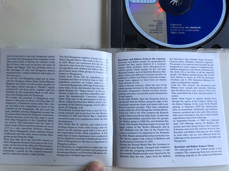 Folk Tunes From the Two Sides of the Caucasus / Nepdalok a Kaukazus ket oldalarol / Collected And Edited By Janos Sipos / Hungaroton Classic Audio CD 2003 Mono Stereo / HCD 18253